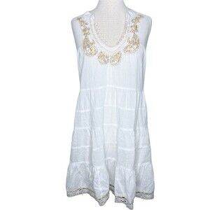 Free People Tunic Top sz S * Ruffled Beaded Metallic Festival Shirt Flowy White